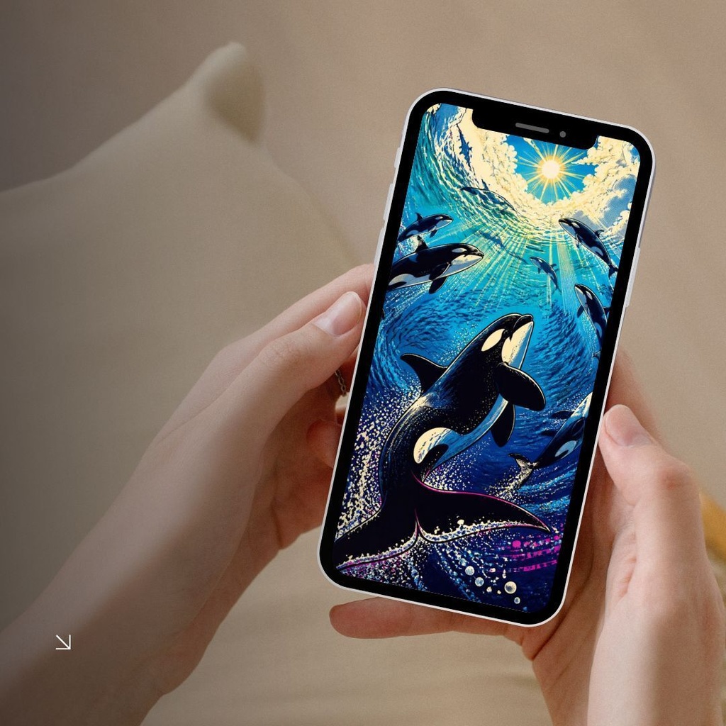 集団で狩りをするシャチの群れ|ポップアート風のデジタルウォールアート【ダウンロード版】
