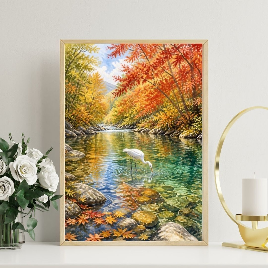 紅葉の川で魚を取るシラサギ|水彩画風のデジタルウォールアート【ダウンロード版】