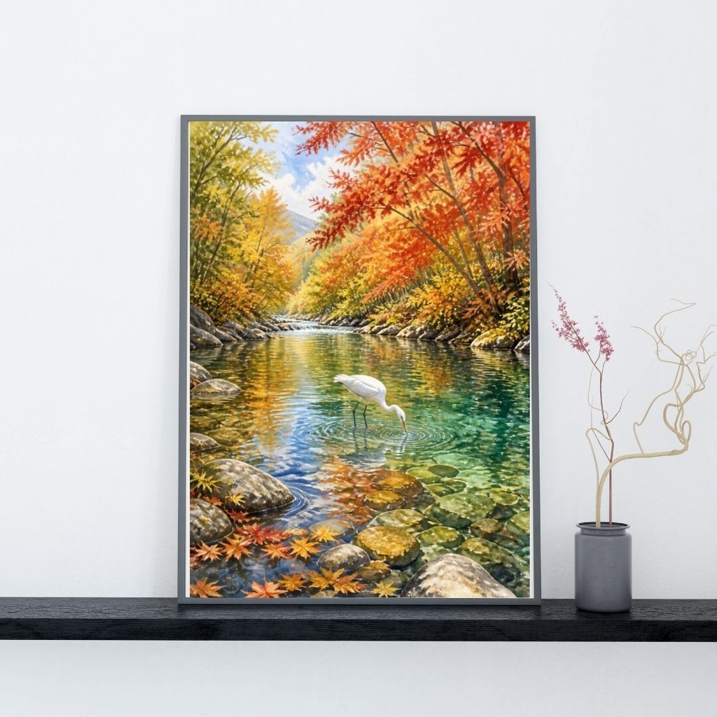 紅葉の川で魚を取るシラサギ|水彩画風のデジタルウォールアート【ダウンロード版】