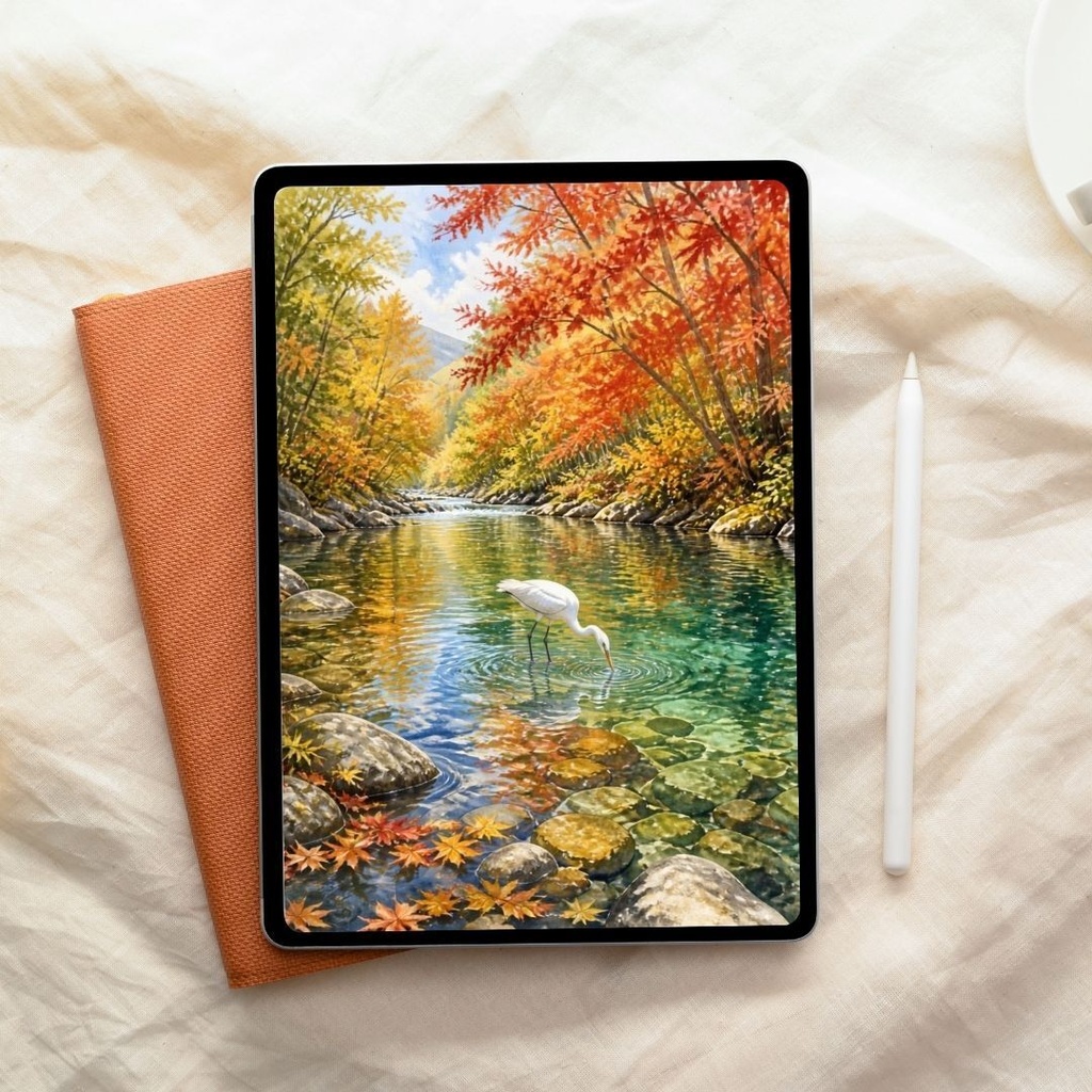 紅葉の川で魚を取るシラサギ|水彩画風のデジタルウォールアート【ダウンロード版】