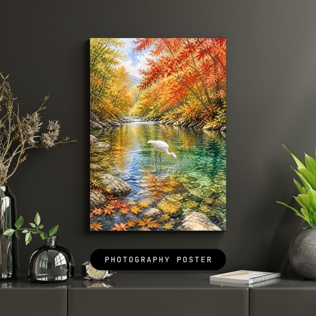 紅葉の川で魚を取るシラサギ|水彩画風のデジタルウォールアート【ダウンロード版】