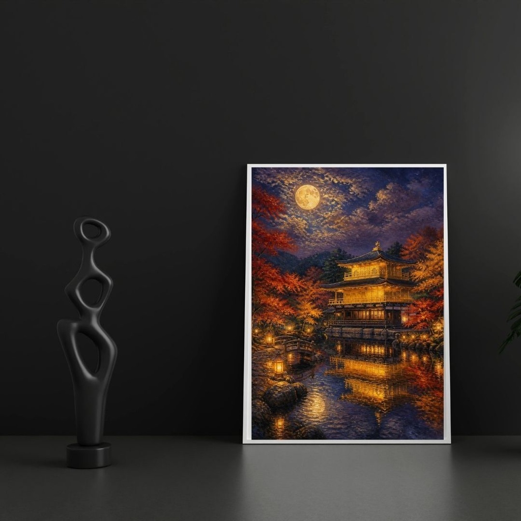 秋の夜の京都・金閣寺〜中秋の名月〜|油絵風のデジタルウォールアート【ダウンロード版】