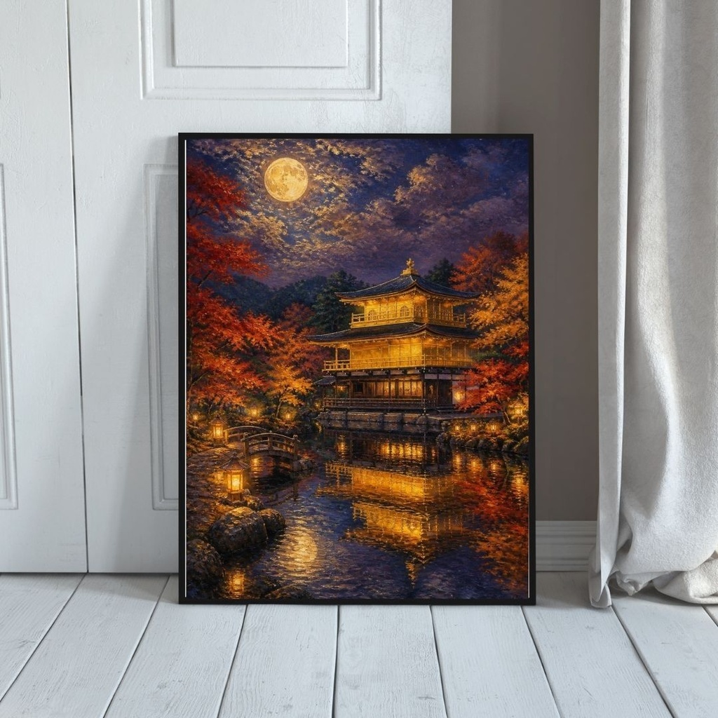 秋の夜の京都・金閣寺〜中秋の名月〜|油絵風のデジタルウォールアート【ダウンロード版】