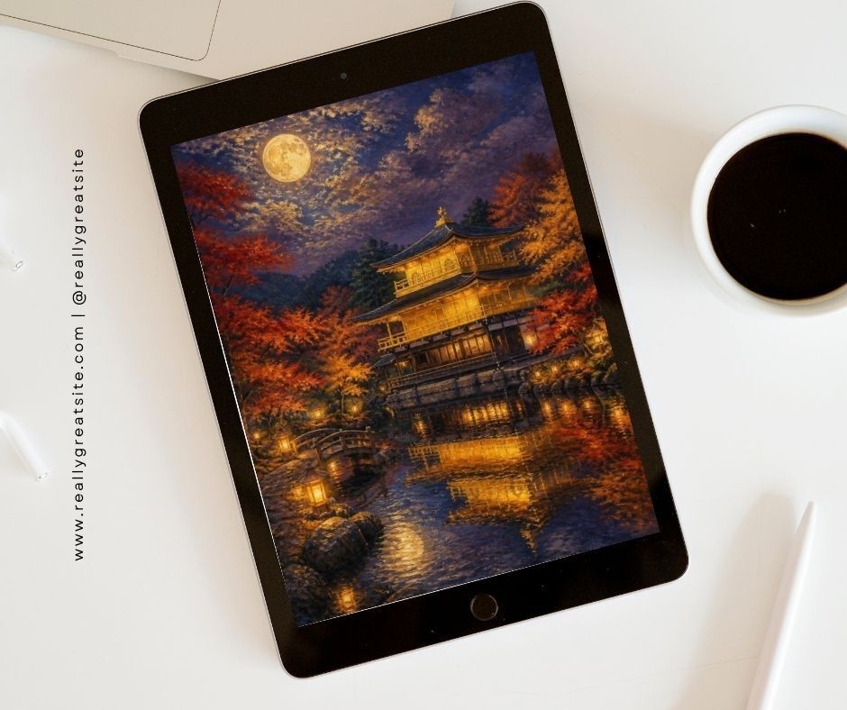 秋の夜の京都・金閣寺〜中秋の名月〜|油絵風のデジタルウォールアート【ダウンロード版】