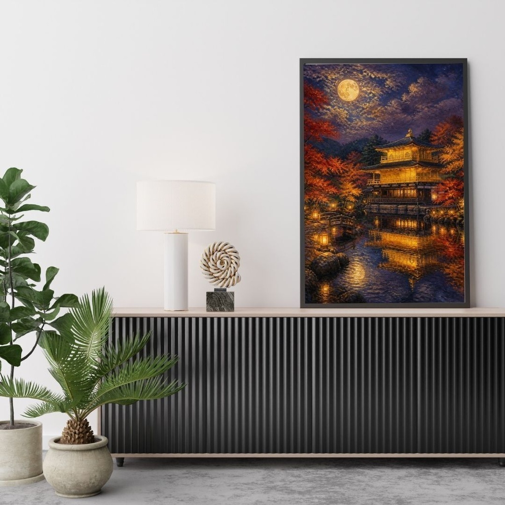 秋の夜の京都・金閣寺〜中秋の名月〜|油絵風のデジタルウォールアート【ダウンロード版】