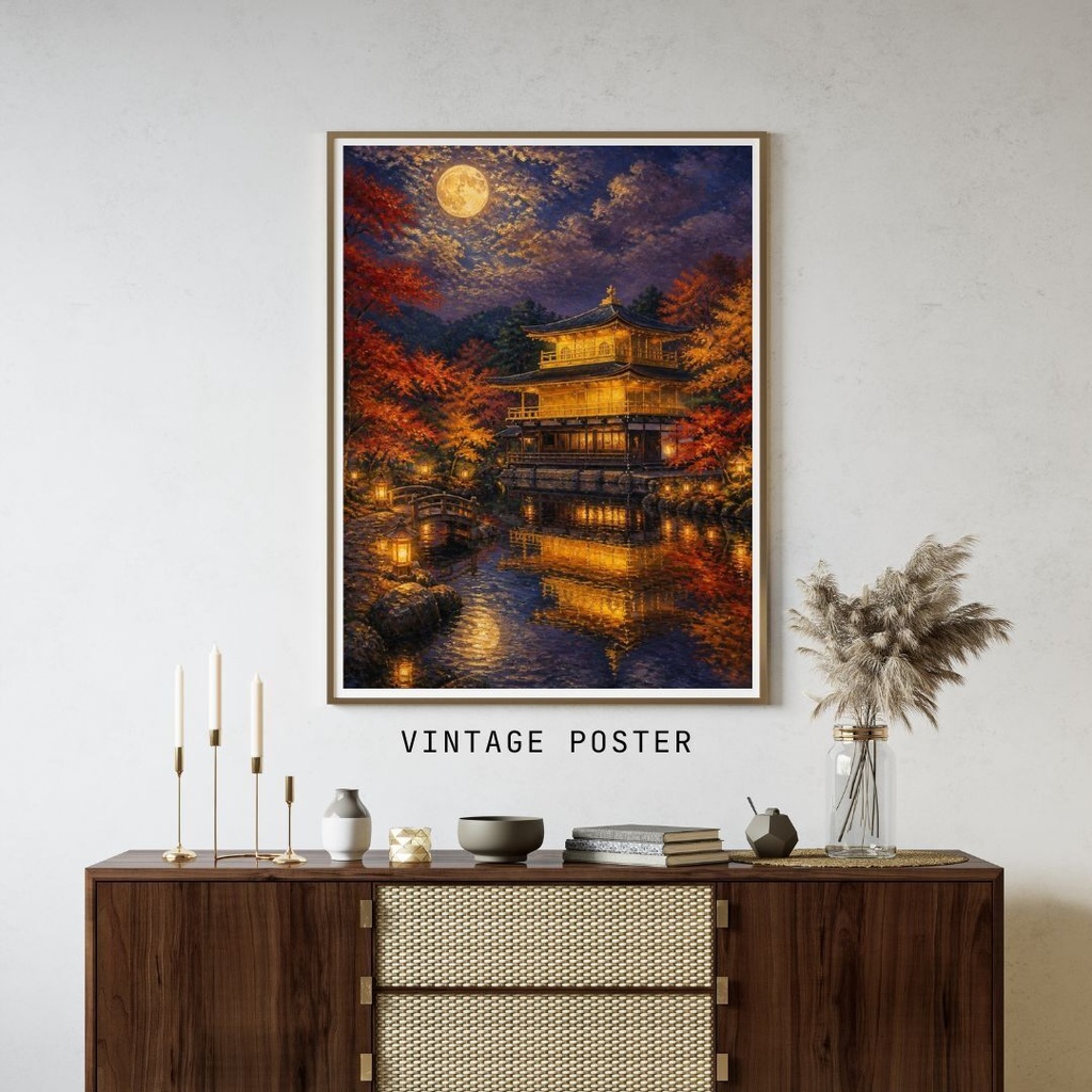 秋の夜の京都・金閣寺〜中秋の名月〜｜油絵風のデジタルウォールアート【ダウンロード版】