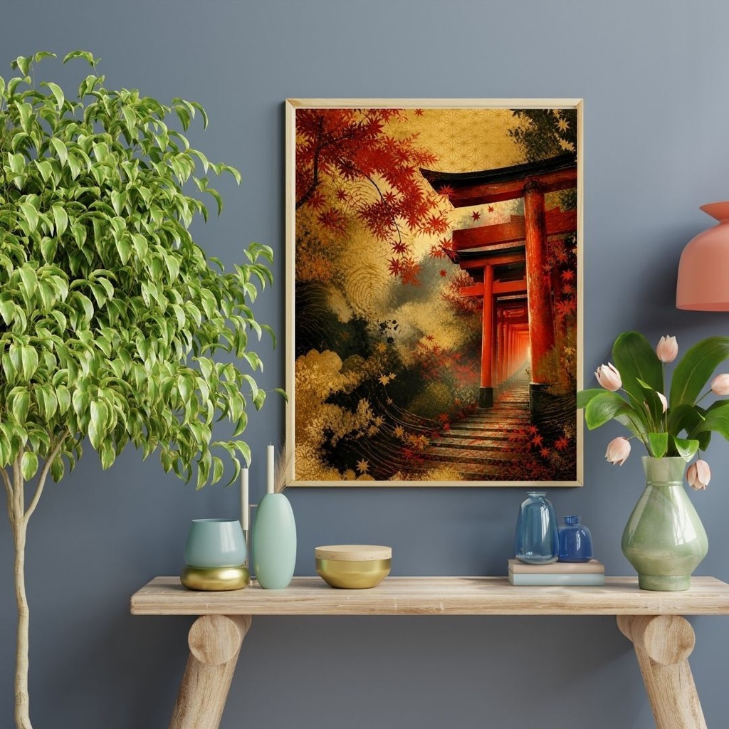秋の京都・伏見稲荷大社を和柄で楽しむ!|現代アート風のデジタルウォールアート【ダウンロード版】