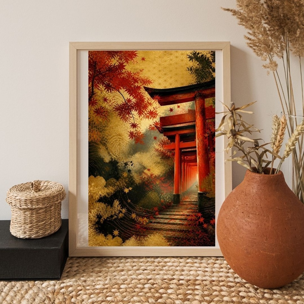 秋の京都・伏見稲荷大社を和柄で楽しむ!|現代アート風のデジタルウォールアート【ダウンロード版】