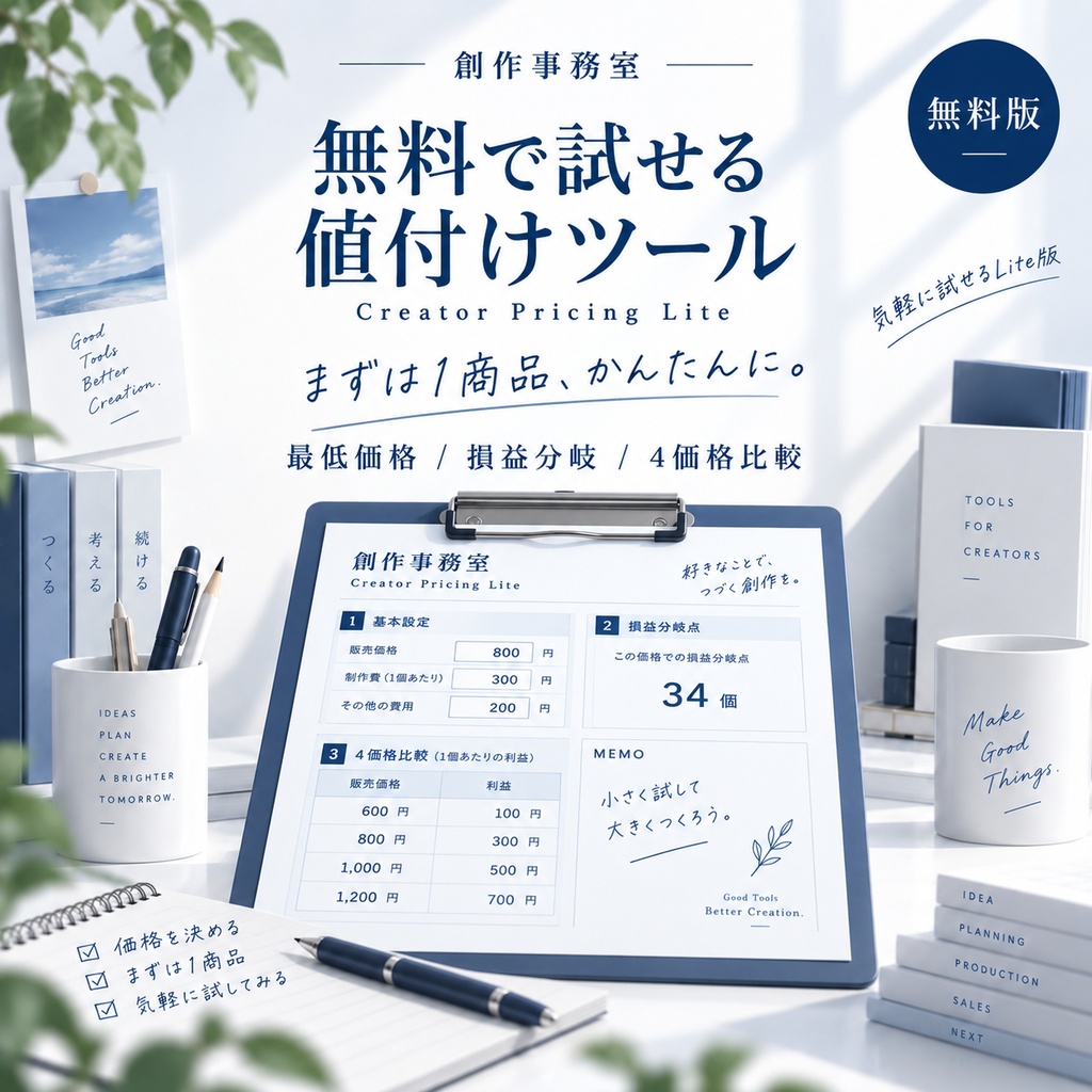 〖無料〗クリエイター向け値付け・利益計算Excel｜制作時間・手数料・損益分岐 Creator Pricing Lite