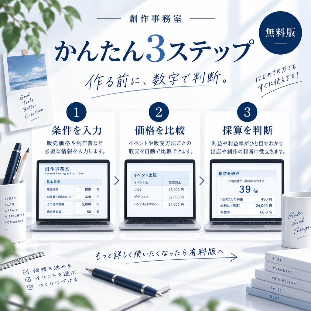 〖無料〗クリエイター向け値付け・利益計算Excel|制作時間・手数料・損益分岐 Creator Pricing Lite