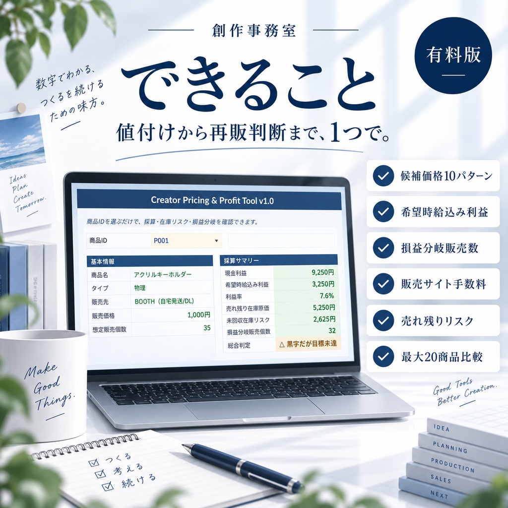 同人・ハンドメイドの値付け&採算判断Excel|損益分岐・イベント比較・再販判断 Creator Pricing Tool