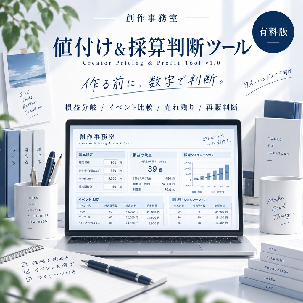 同人・ハンドメイドの値付け＆採算判断Excel｜損益分岐・イベント比較・再販判断 Creator Pricing Tool