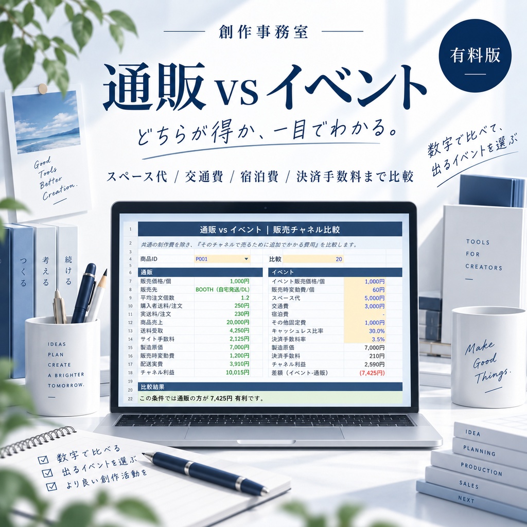 同人・ハンドメイドの値付け&採算判断Excel|損益分岐・イベント比較・再販判断 Creator Pricing Tool