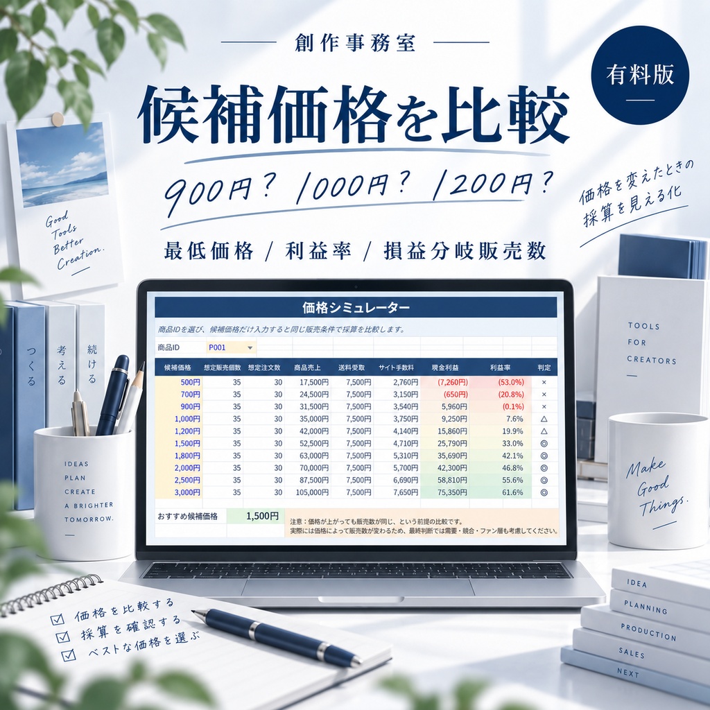 同人・ハンドメイドの値付け&採算判断Excel|損益分岐・イベント比較・再販判断 Creator Pricing Tool