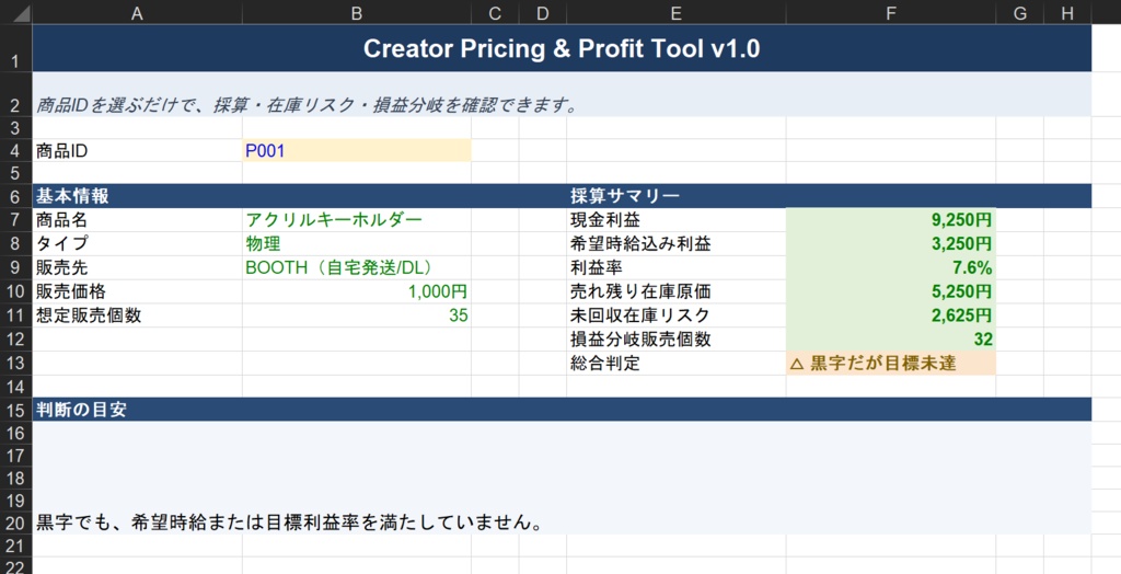 同人・ハンドメイドの値付け&採算判断Excel|損益分岐・イベント比較・再販判断 Creator Pricing Tool