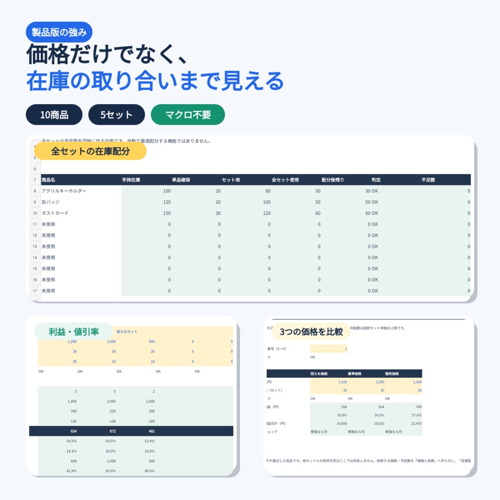 同人・ハンドメイド向け セット価格&在庫配分Excel|利益・値引率・在庫不足を自動計算