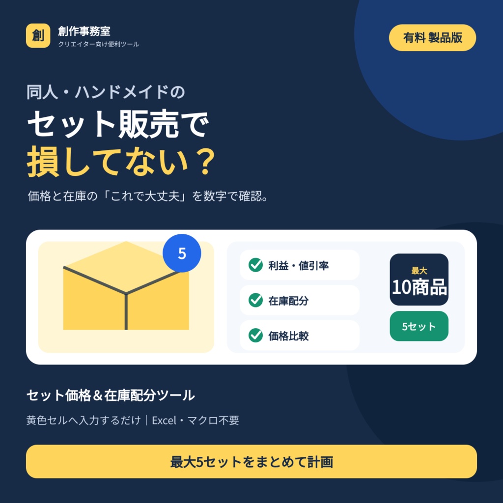 同人・ハンドメイド向け セット価格＆在庫配分Excel｜利益・値引率・在庫不足を自動計算