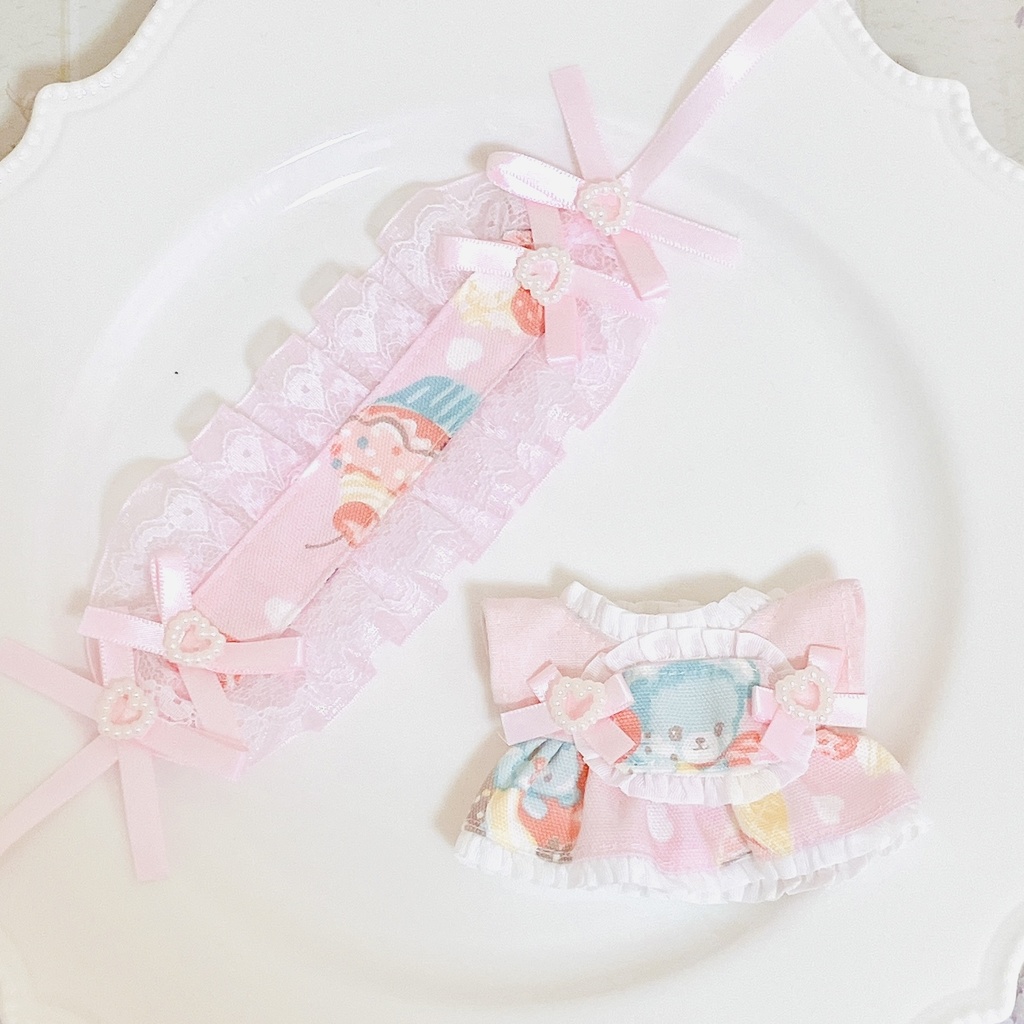 スイーツベア ピンク ぬい服 12cm ちびぐるみ ワンピース&ヘッドドレスセット