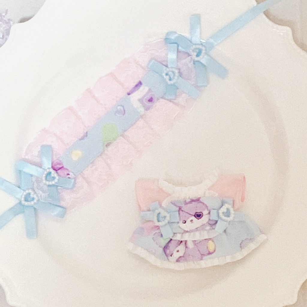 Sale★眼帯うさぎ ピンク×水色 ぬい服 12cm ちびぐるみ ワンピース&ヘッドドレスセット