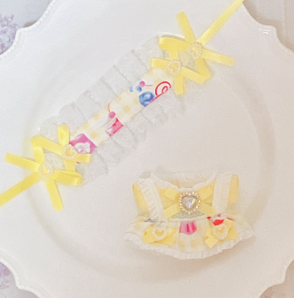 favoriteチェック イエロー ぬい服 12cm ちびぐるみ ワンピース&ヘッドドレスセット