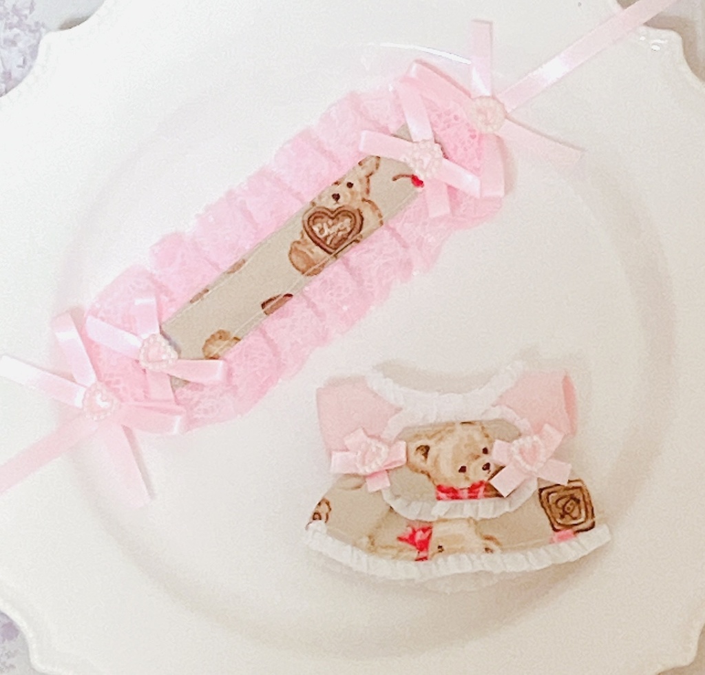 チョコクマ ピンク ぬい服 12cm ちびぐるみ ワンピース&ヘッドドレスセット