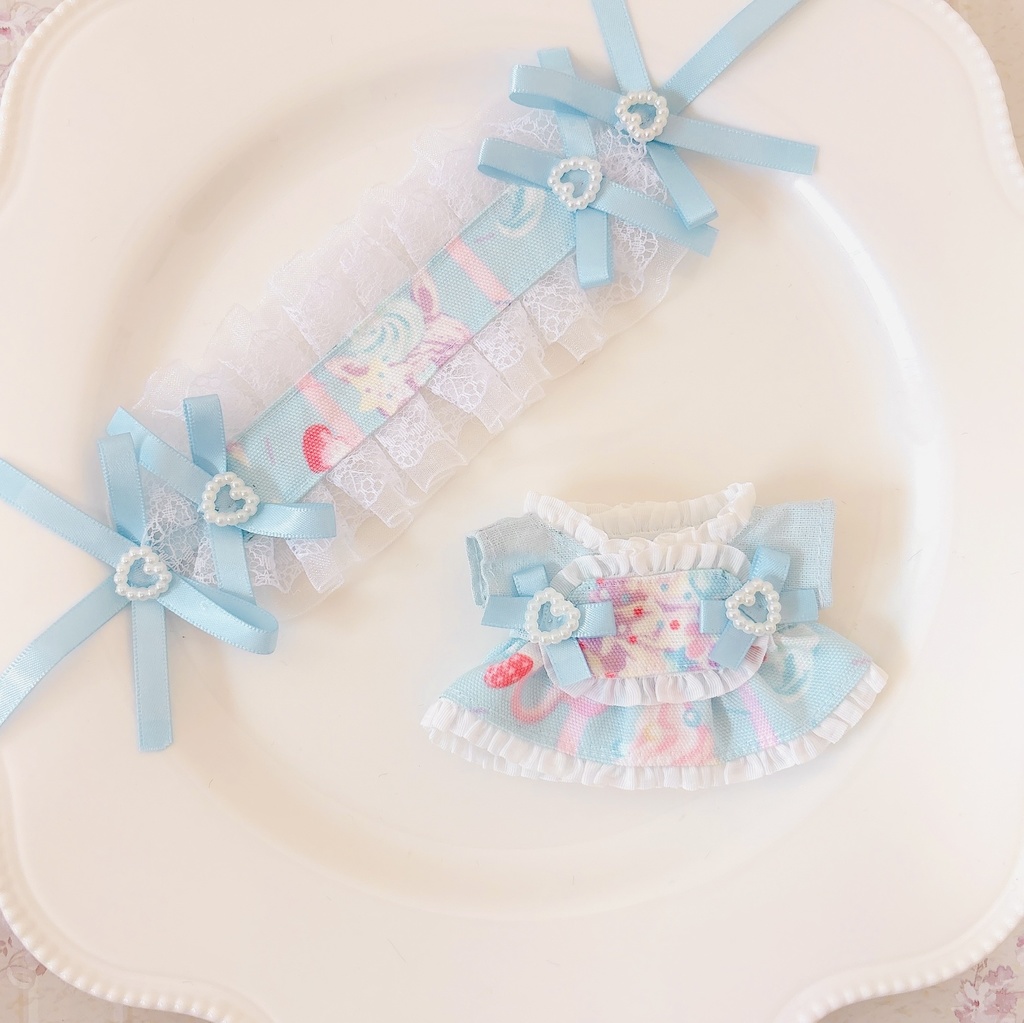 パステルソフト ブルー  ぬい服 12cm ちびぐるみ ワンピース&ヘッドドレスセット