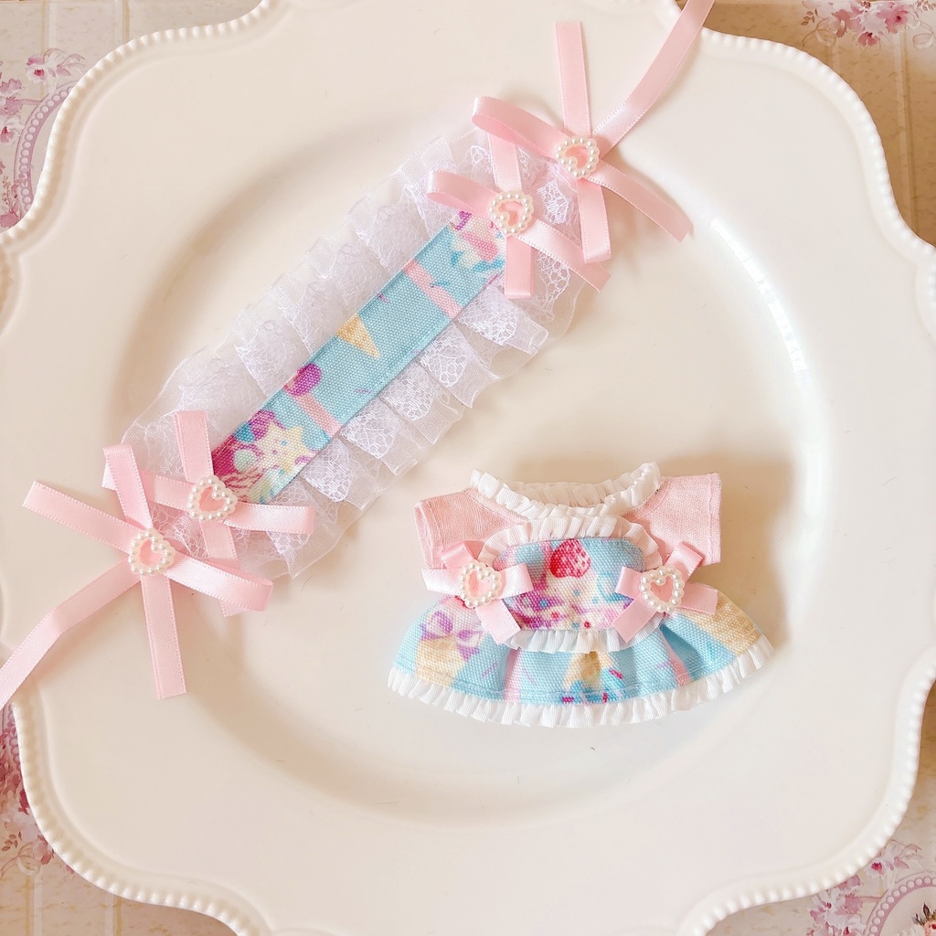 パステルソフト ピンク×ブルー ぬい服 12cm ちびぐるみ ワンピース&ヘッドドレスセット