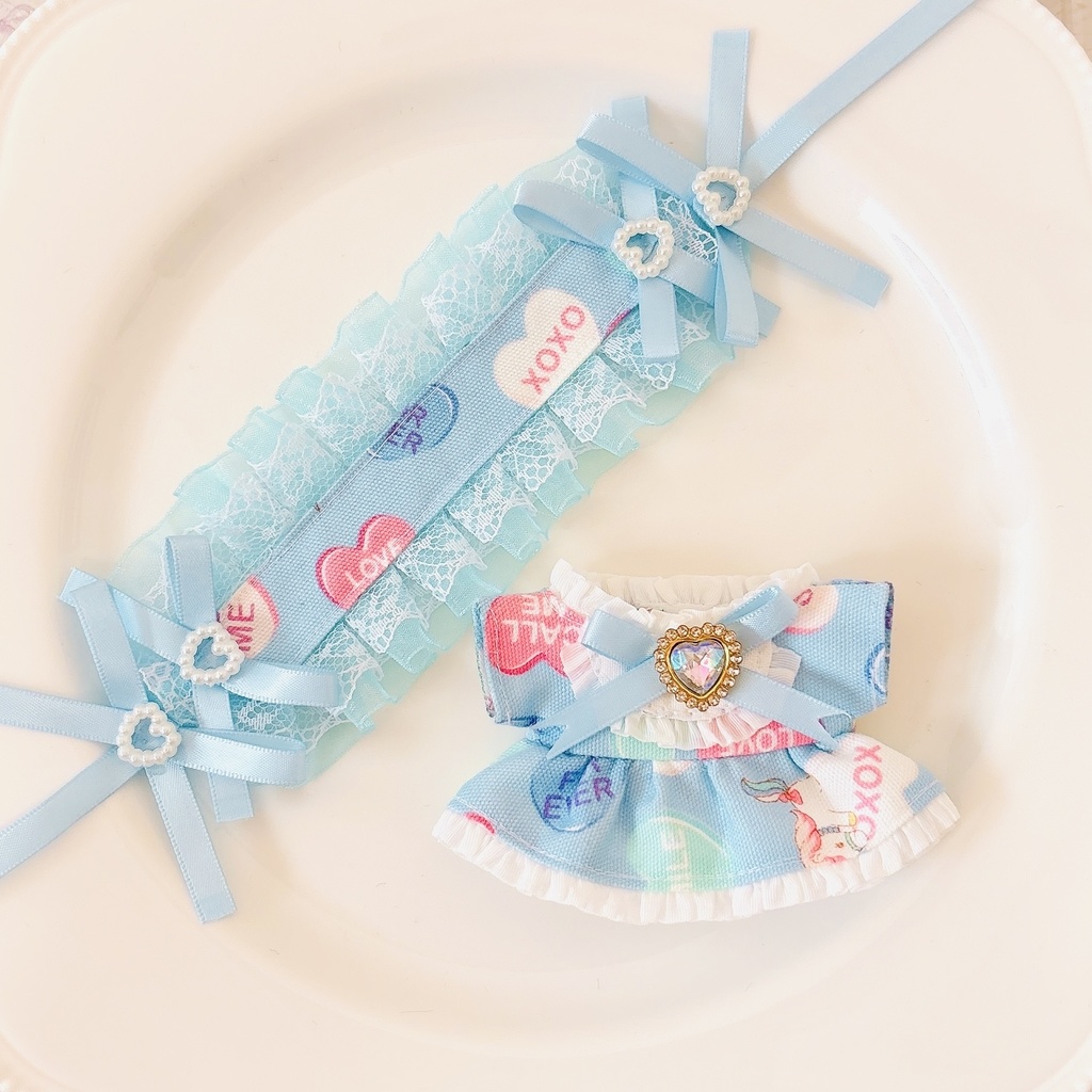 ユニコーンハート(ヨーク襟) ブルー ぬい服 12cm ちびぐるみ ワンピース&ヘッドドレスセット