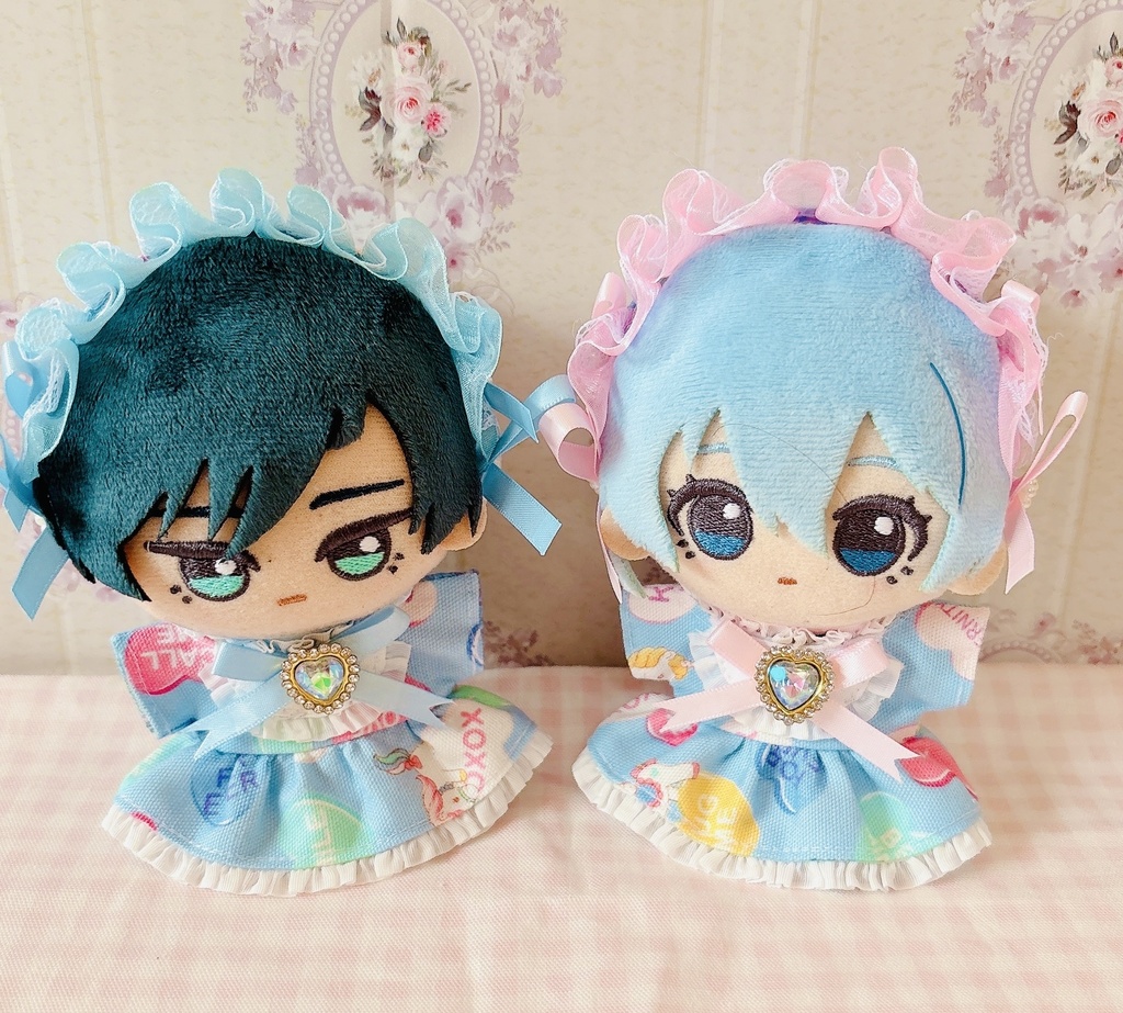 ユニコーンハート(ヨーク襟) ブルー ぬい服 12cm ちびぐるみ ワンピース&ヘッドドレスセット