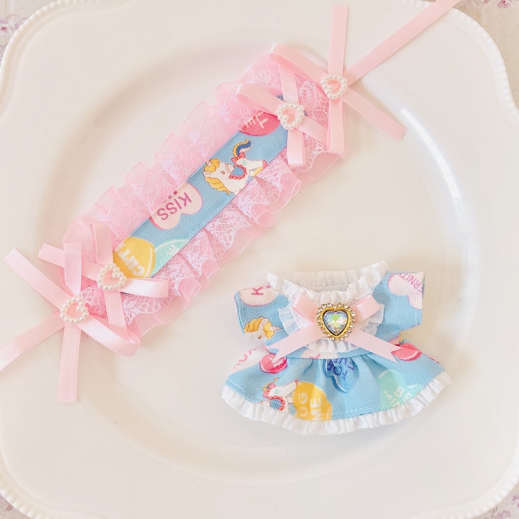 ユニコーンハート(ヨーク襟) ピンク ぬい服 12cm ちびぐるみ ワンピース&ヘッドドレスセット