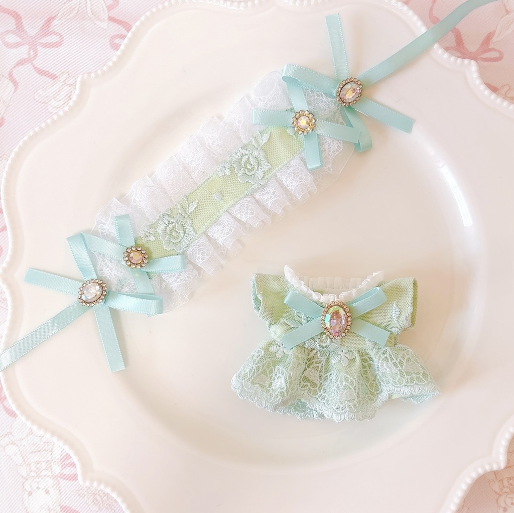 チュールレースワンピ ミント ぬい服 12cm ちびぐるみ ワンピース&ヘッドドレスセット