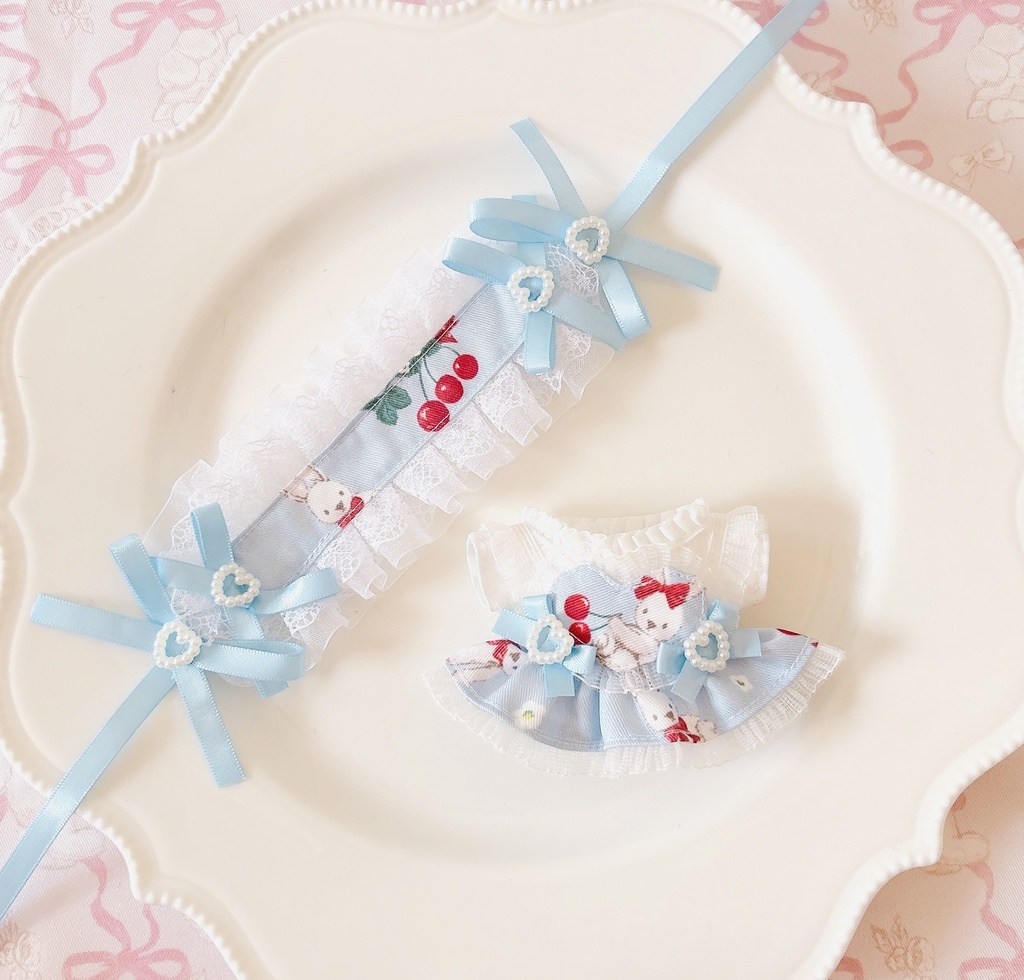 Rabbit Cherry ブルー ♡ ぬい服 12cm ちびぐるみ ワンピース&ヘッドドレスセット