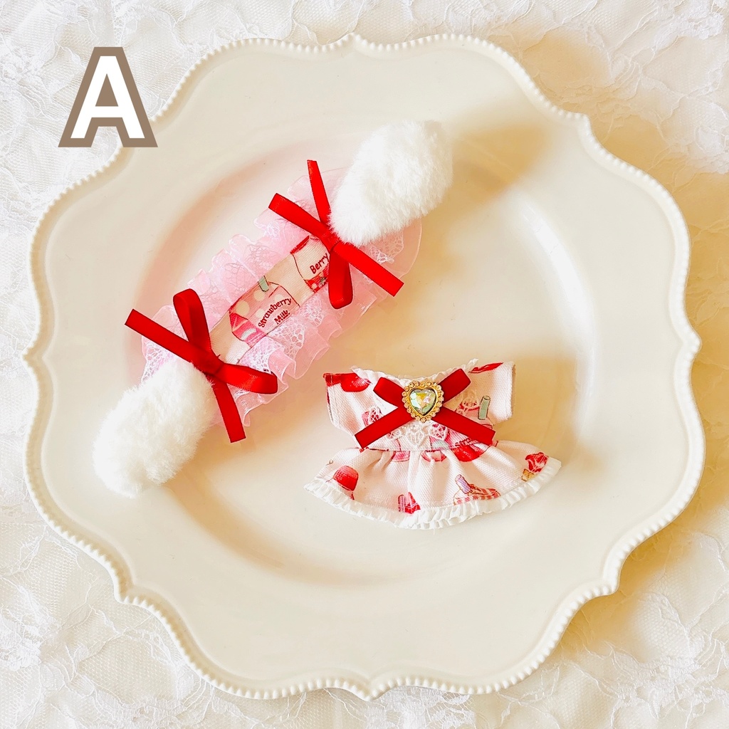 いちごづくし ワンピ&うさ耳ヘッドドレスセット ♡ ぬい服 12cm ちびぐるみ