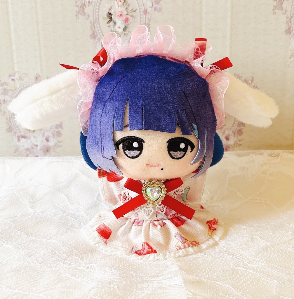 いちごづくし ワンピ&うさ耳ヘッドドレスセット ♡ ぬい服 12cm ちびぐるみ