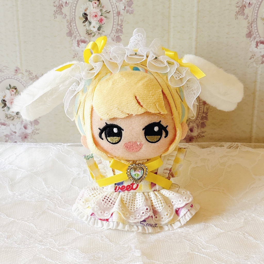 favoriteチェック イエロー エプロンワンピ&うさ耳ヘッドドレスセット ♡ ぬい服 12cm ちびぐるみ