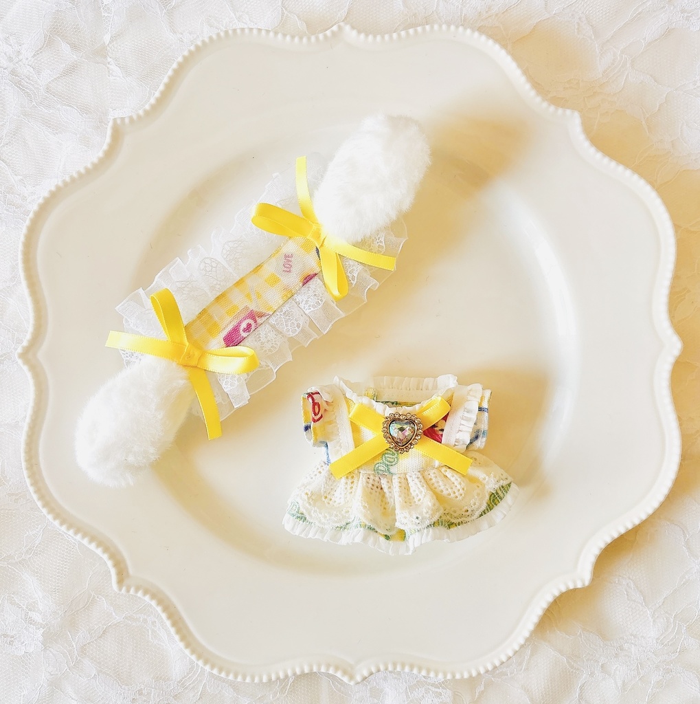 favoriteチェック イエロー エプロンワンピ＆うさ耳ヘッドドレスセット ♡ ぬい服 12cm ちびぐるみ