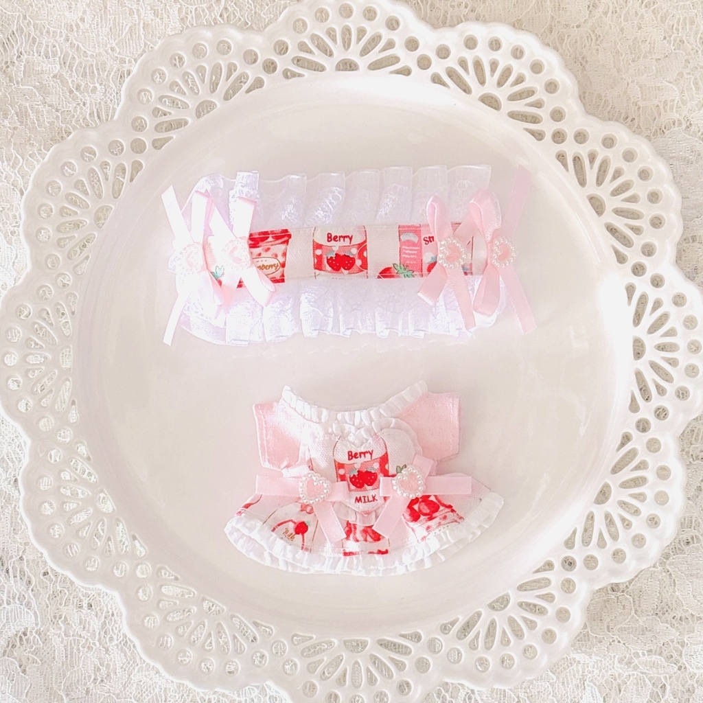 いちごづくし(ハート胸当て)ワンピ＆ヘッドドレスセット ピンク ♡ ぬい服 13cm ちびぐるみ