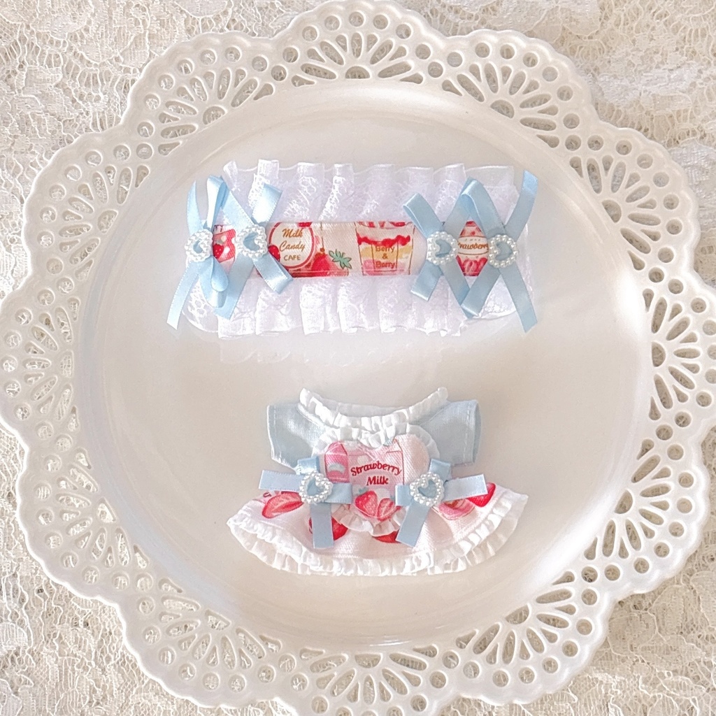 いちごづくし(ハート胸当て)ワンピ＆ヘッドドレスセット ブルー ♡ ぬい服 13cm ちびぐるみ