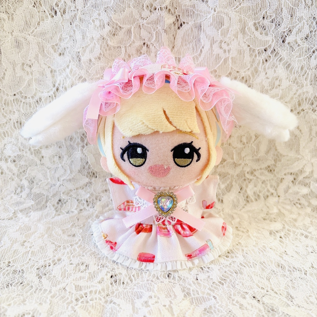 いちごづくし ワンピ&うさ耳ヘッドドレスセット ♡ ぬい服 13cm ちびぐるみ