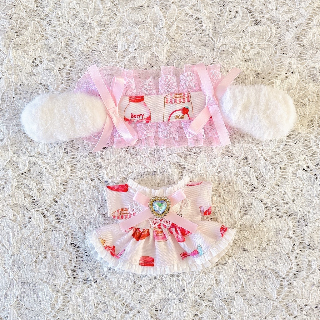 いちごづくし ワンピ＆うさ耳ヘッドドレスセット ♡ ぬい服 13cm ちびぐるみ