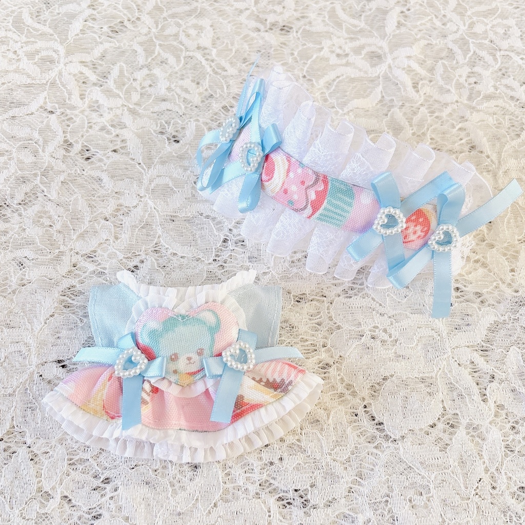 スイーツベア(ハート胸当て)ワンピ＆ヘッドドレスセット ブルー ♡ ぬい服 13cm ちびぐるみ