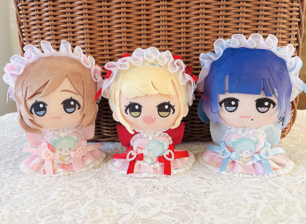 スイーツベア(ハート胸当て)ワンピ&ヘッドドレスセット ピンク ♡ ぬい服 13cm ちびぐるみ