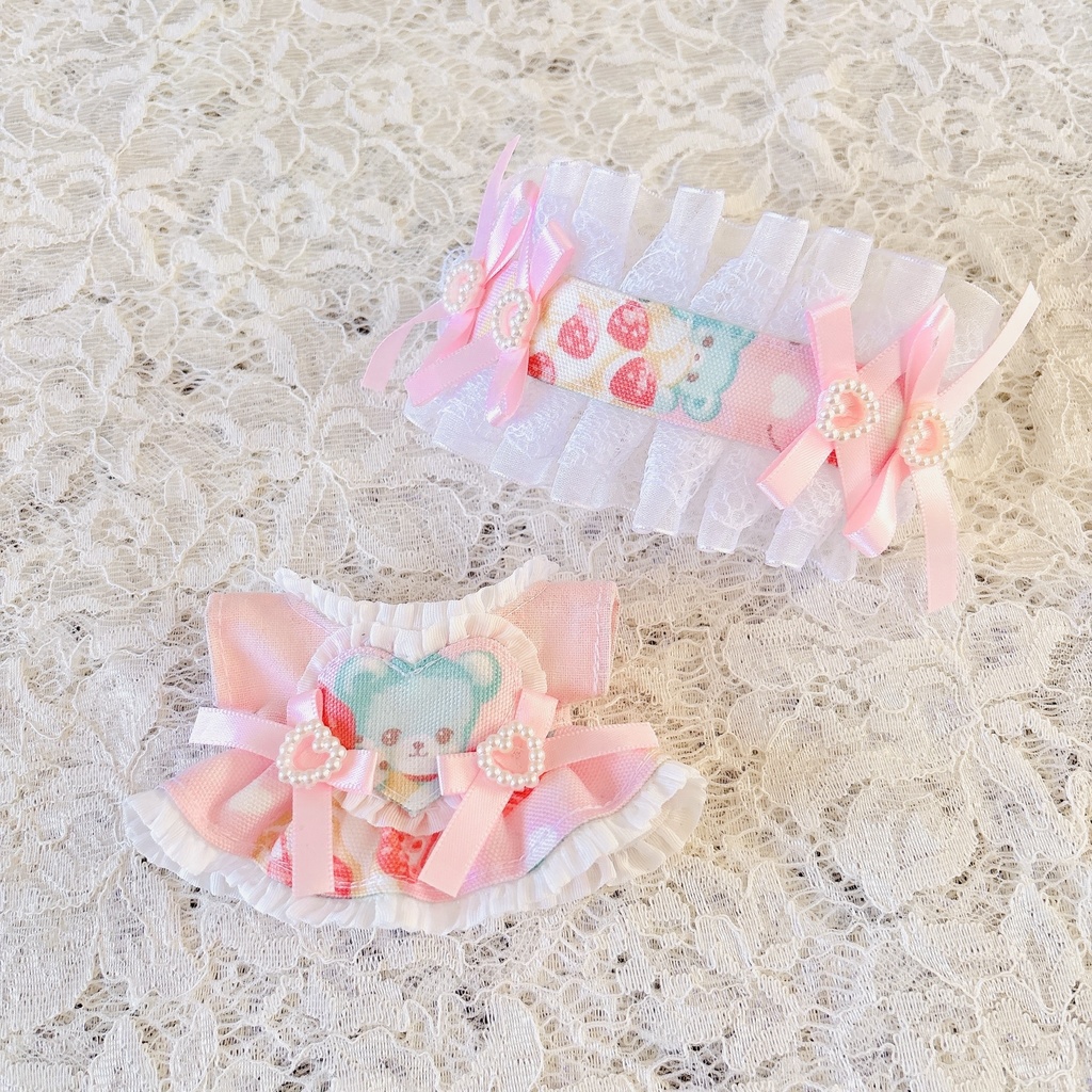 スイーツベア(ハート胸当て)ワンピ＆ヘッドドレスセット ピンク ♡ ぬい服 13cm ちびぐるみ