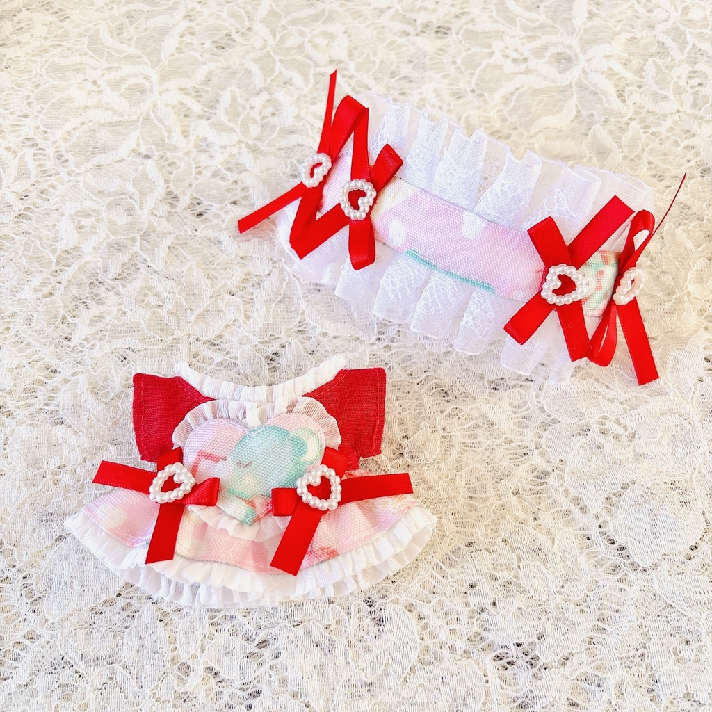 スイーツベア(ハート胸当て)ワンピ＆ヘッドドレスセット レッド ♡ ぬい服 13cm ちびぐるみ