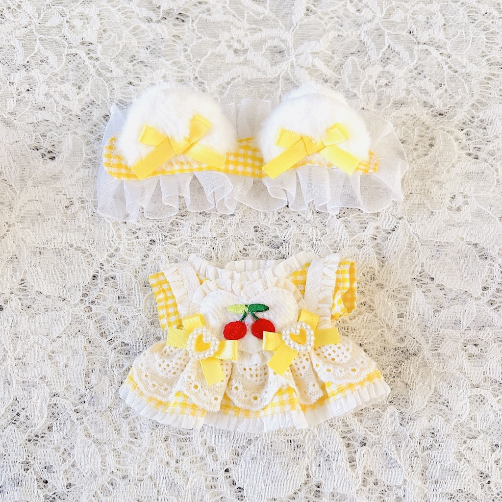 クマ耳ヘッドドレス＆さくらんぼメイド服セット イエロー ♡ ぬい服 13cm ちびぐるみ