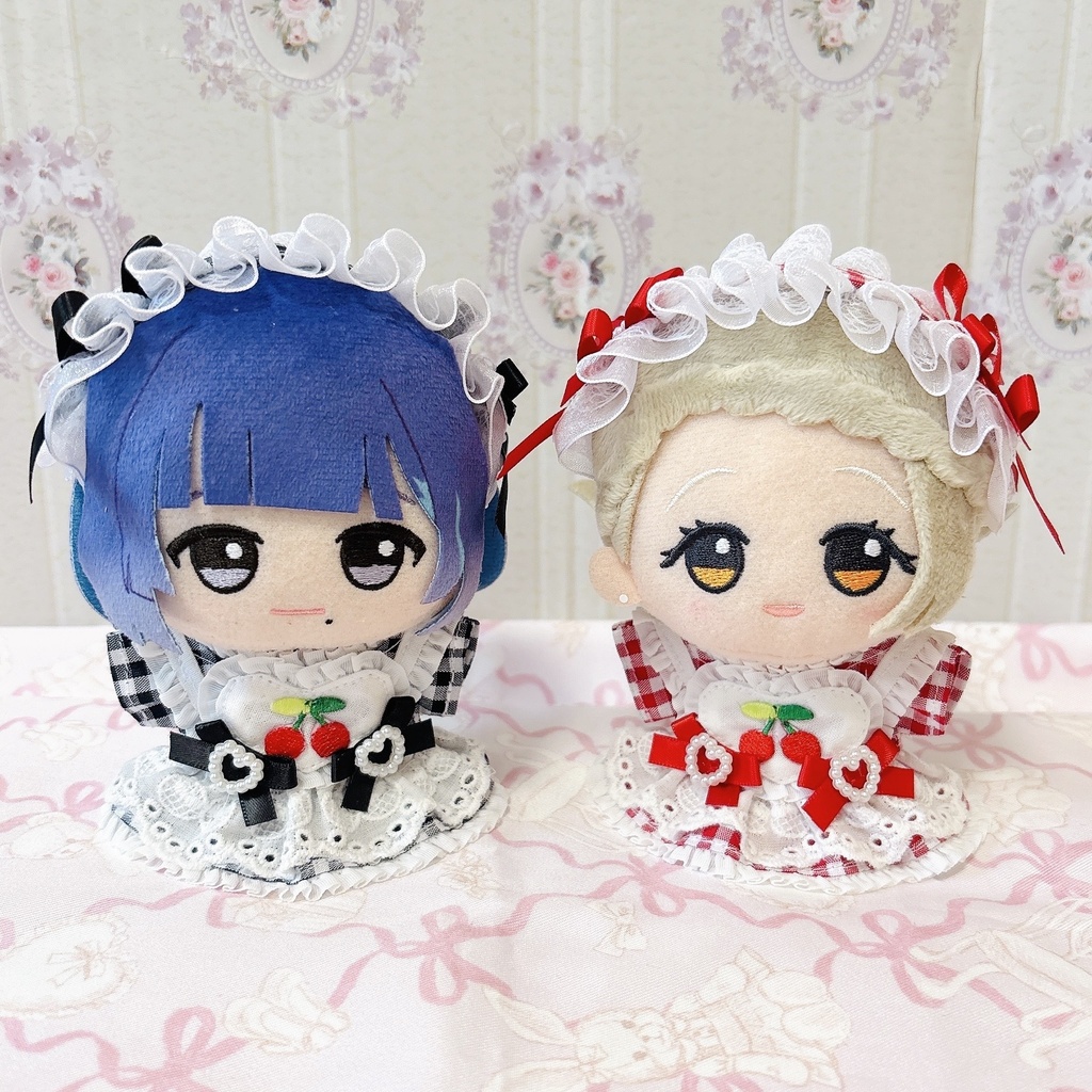 さくらんぼメイド服ワンピ&ヘッドドレスセット ♡ ぬい服 13cm ちびぐるみ