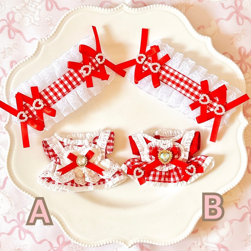 Red Check Heart♡ワンピ＆ヘッドドレスセット ♡ ぬい服 13cm ちびぐるみ