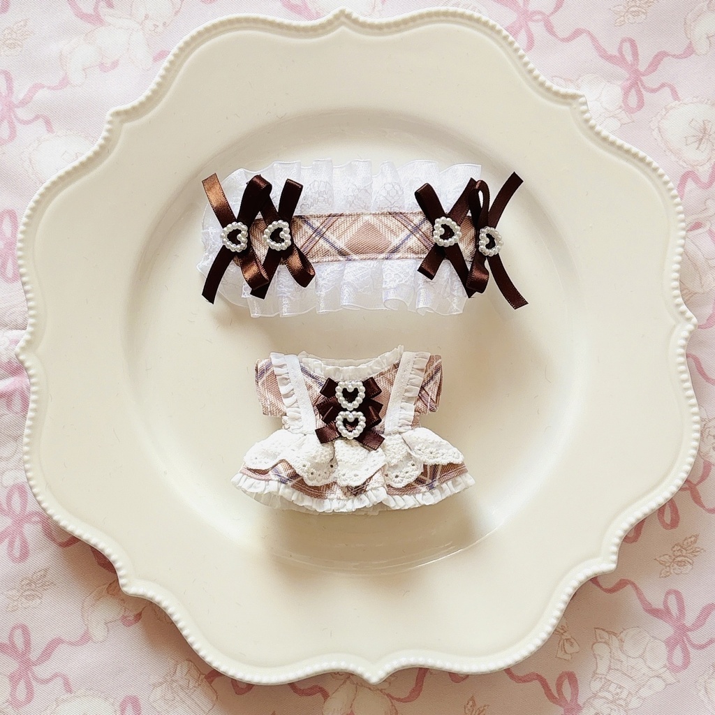 chocolate cafe maid ワンピ＆ヘッドドレスセット ピンク ♡ ぬい服 13cm ちびぐるみ