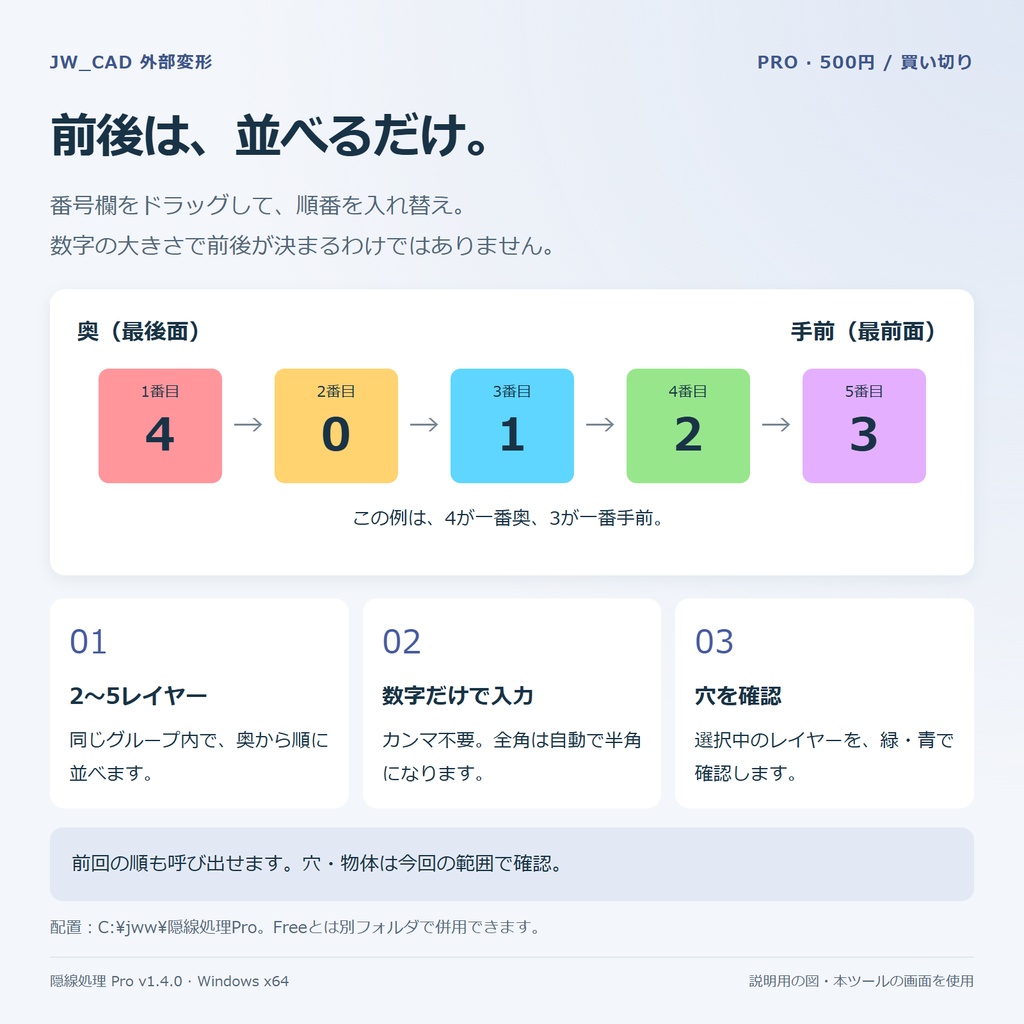 隠線処理Pro|Jw_cad外部変形・最大5レイヤー・補助線対応