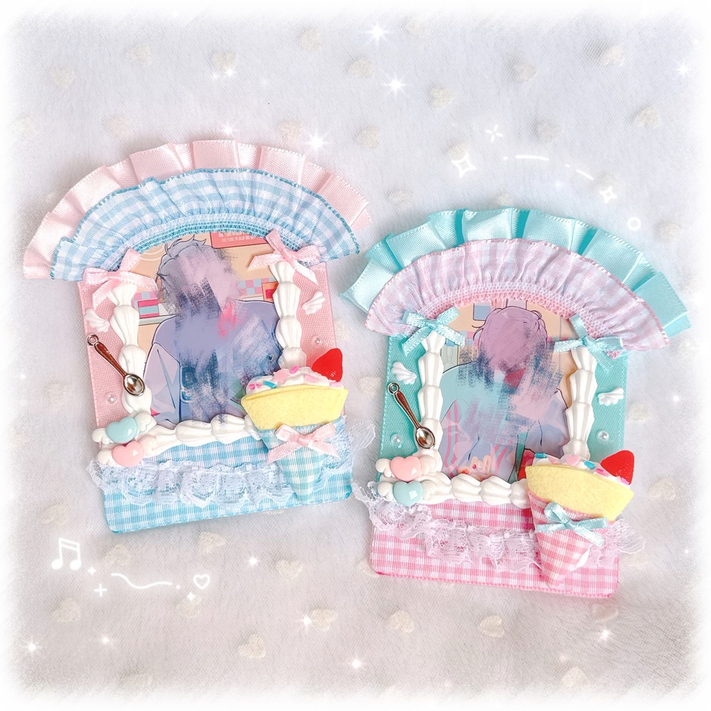 B8サイズ♡ピンク×水色🩷🩵バイカラーメイドさん風デコケース(🍓クレープ)